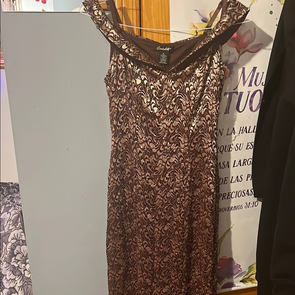 Camille La Vie Gold Sequin Off-the-Shoulder Sheath Dress